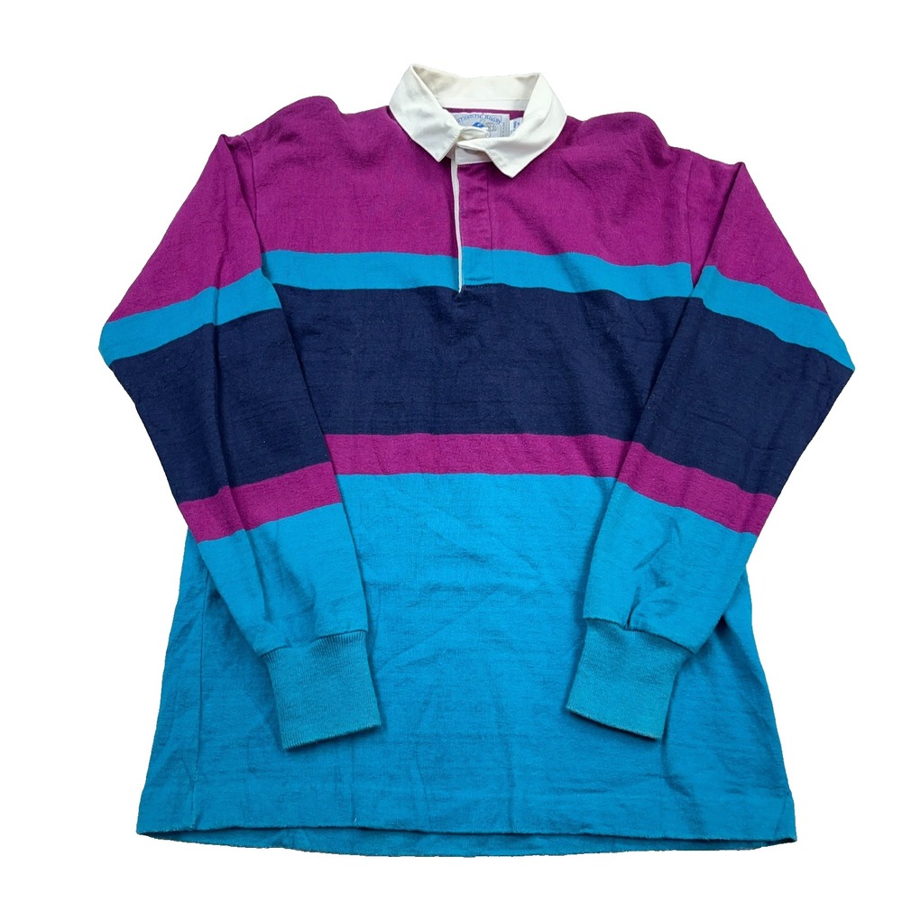 Vintage Lands End Rugby Shirt Men Medium Teal Purple Striped Long Sleeve 90s USA